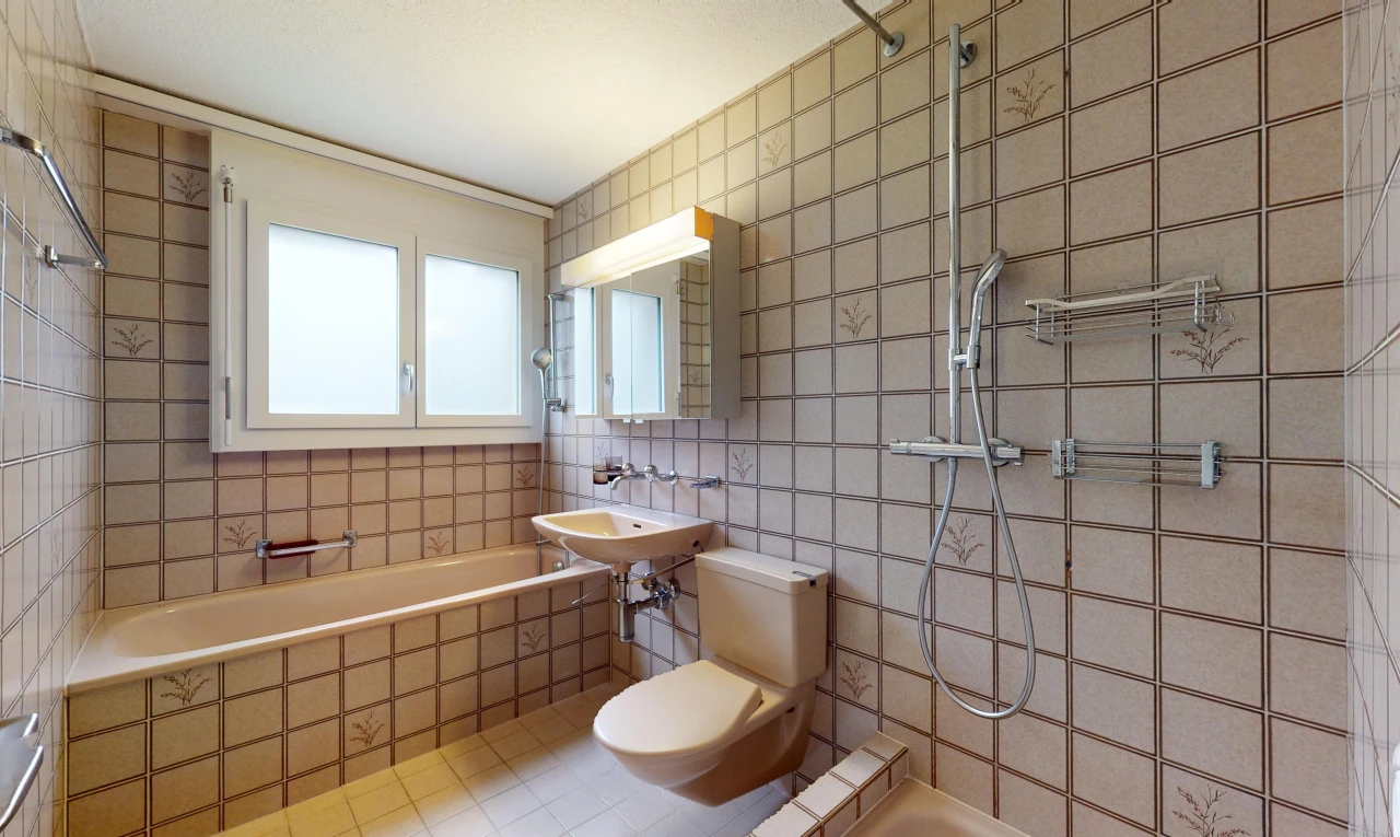 salle de bains avec mur carrelé, lumière naturelle, miroir, et toilettes