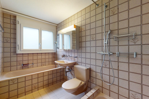 bad mit toilette, natürliches licht, fliesenwand, und spiegel