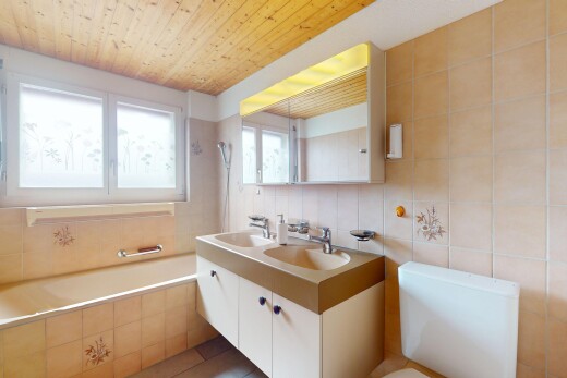 bad mit holzdecke, fliesenwand, natürliches licht, und waschbecken