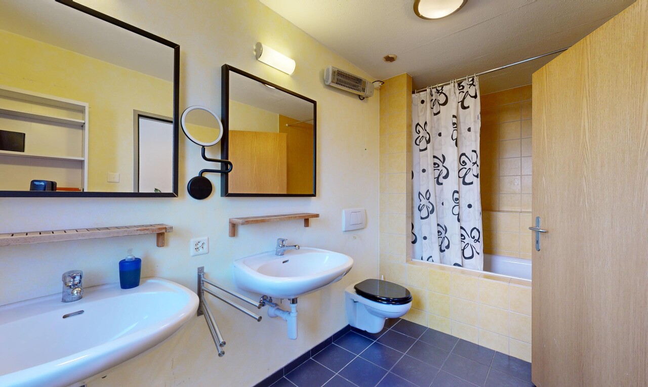 salle de bains avec miroir, salle de bain complète, évier, douche-bain combinés, et toilette