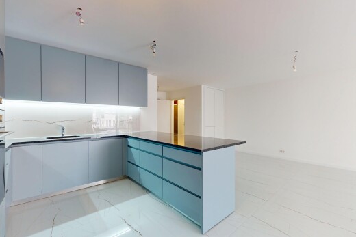 küche mit küchentheke, waschbecken, inside property, schränke mit flachen paneelen, und stein arbeitsplatten