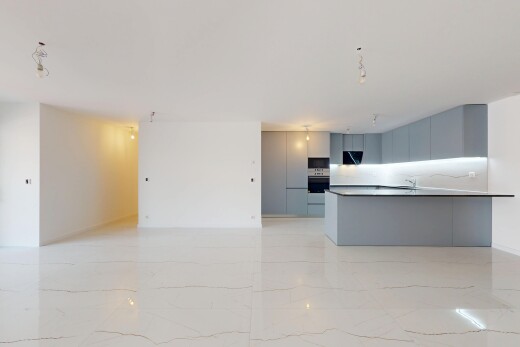 küche mit marmorboden, marble finish floor, gipskartonwand, drywall, und schränke mit flachen paneelen