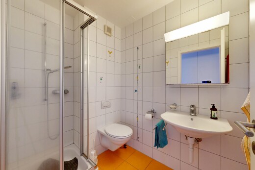 bad mit fliesenwand, tile wall, dusche, komplettes badezimmer, und spiegel