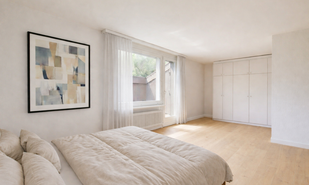 zimmer / schlafzimmer mit holzfußboden, wood finish floor, inside property, natürliches licht, und natural light