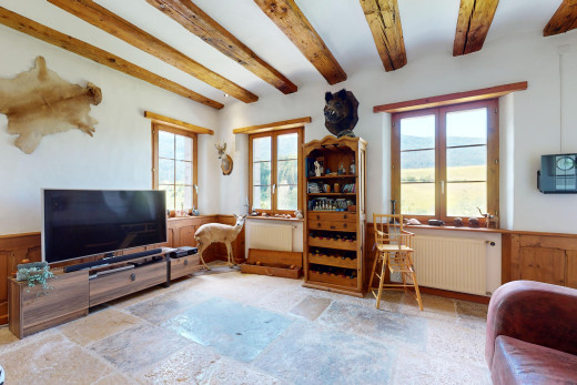 wohnzimmer mit fernsehen, balkendecke, natürliches licht, und kühler