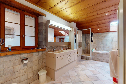bad mit holzdecke, spiegel, bad, fliesenboden, und fliesenwand