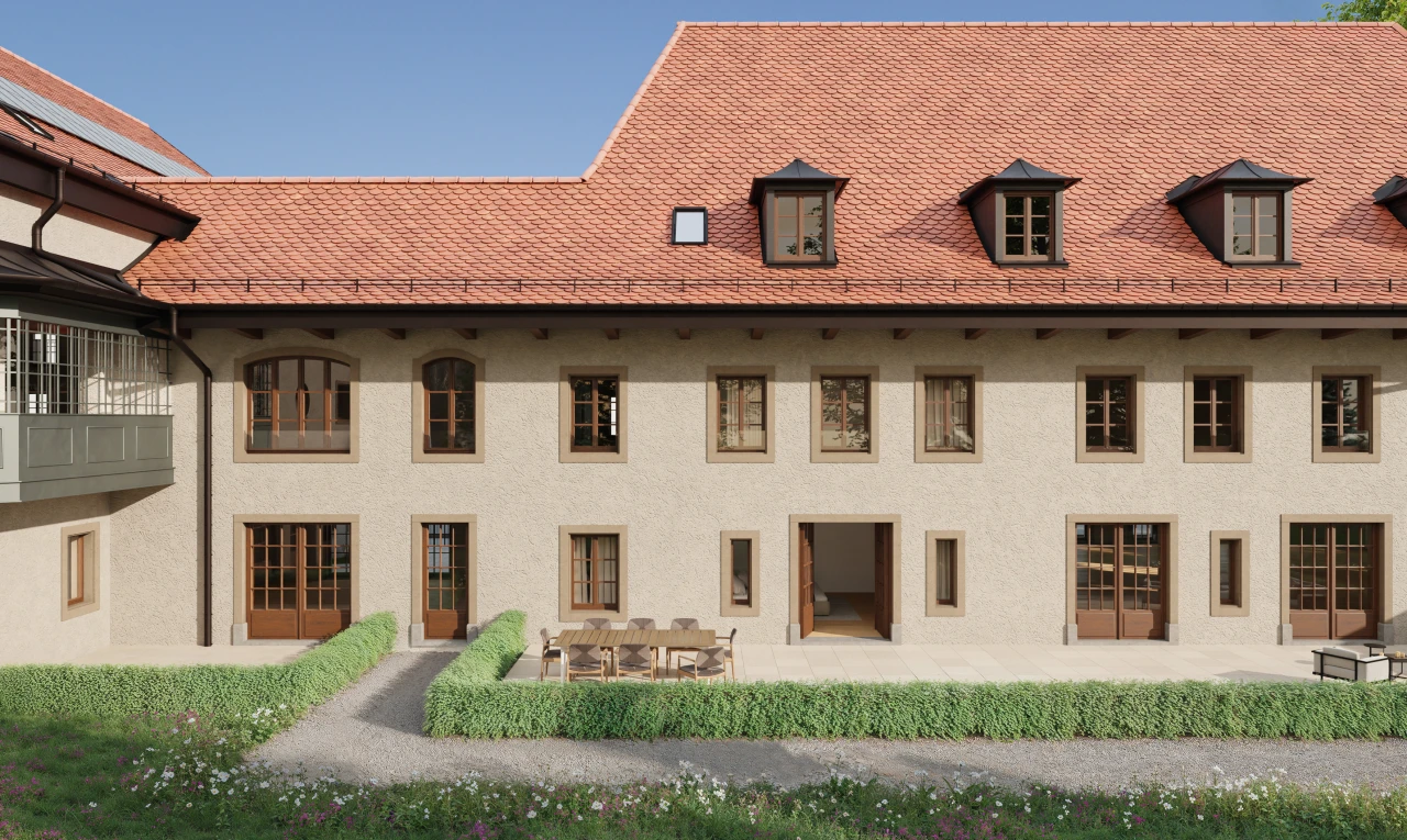 façade avec bardage en stuc et terrasse