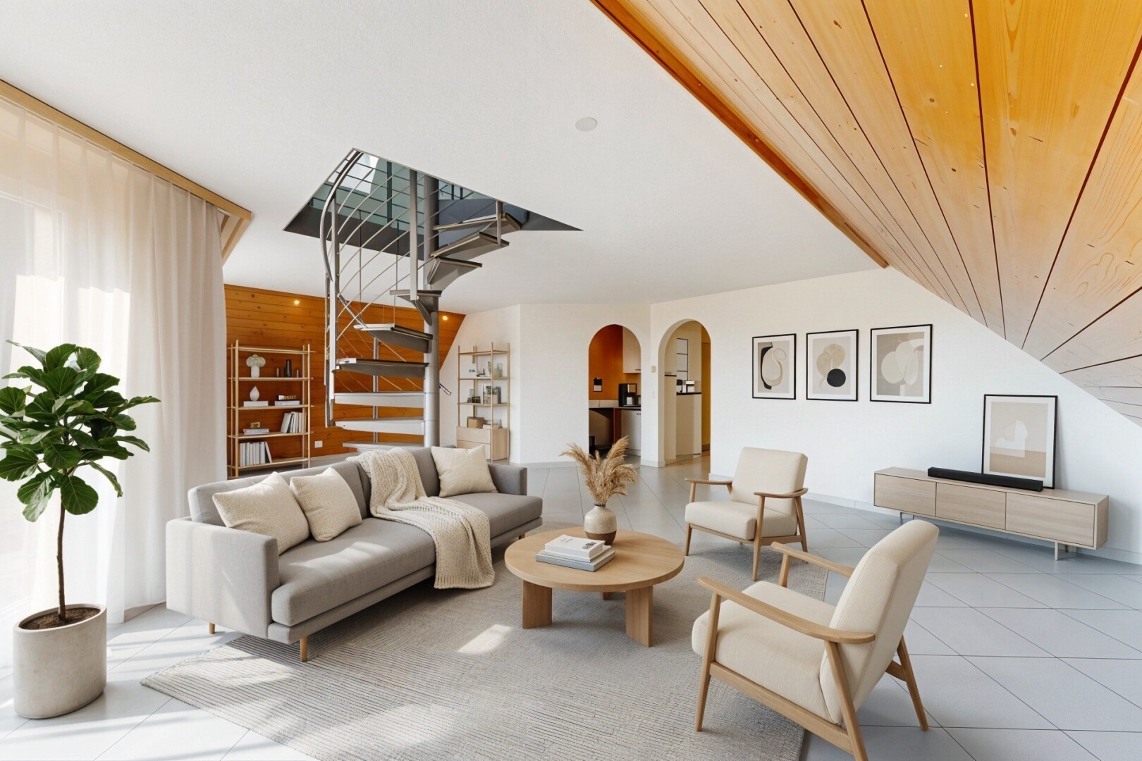 salon avec passages en arc, plafond voûté, vaulted ceiling, cloison sèche, et drywall