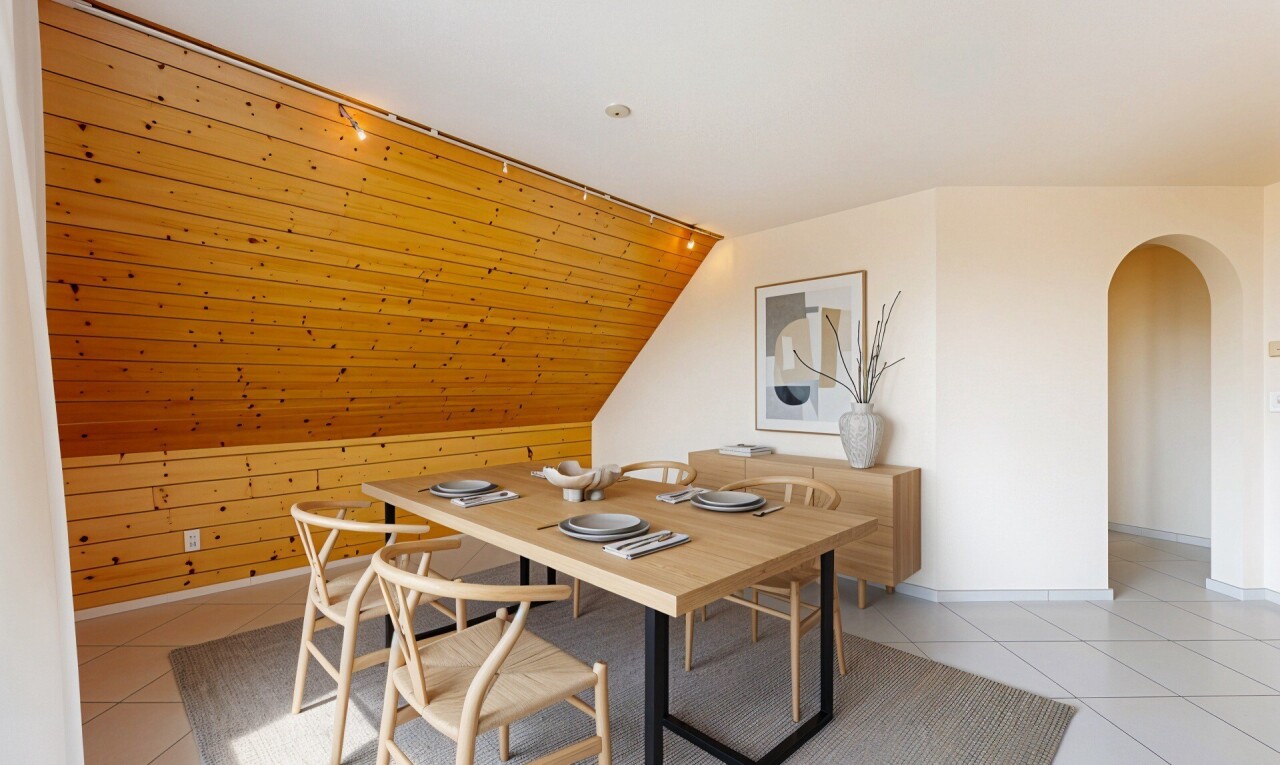 salle à manger avec vaulted ceiling, plafond voûté, passages en arc, drywall, et cloison sèche