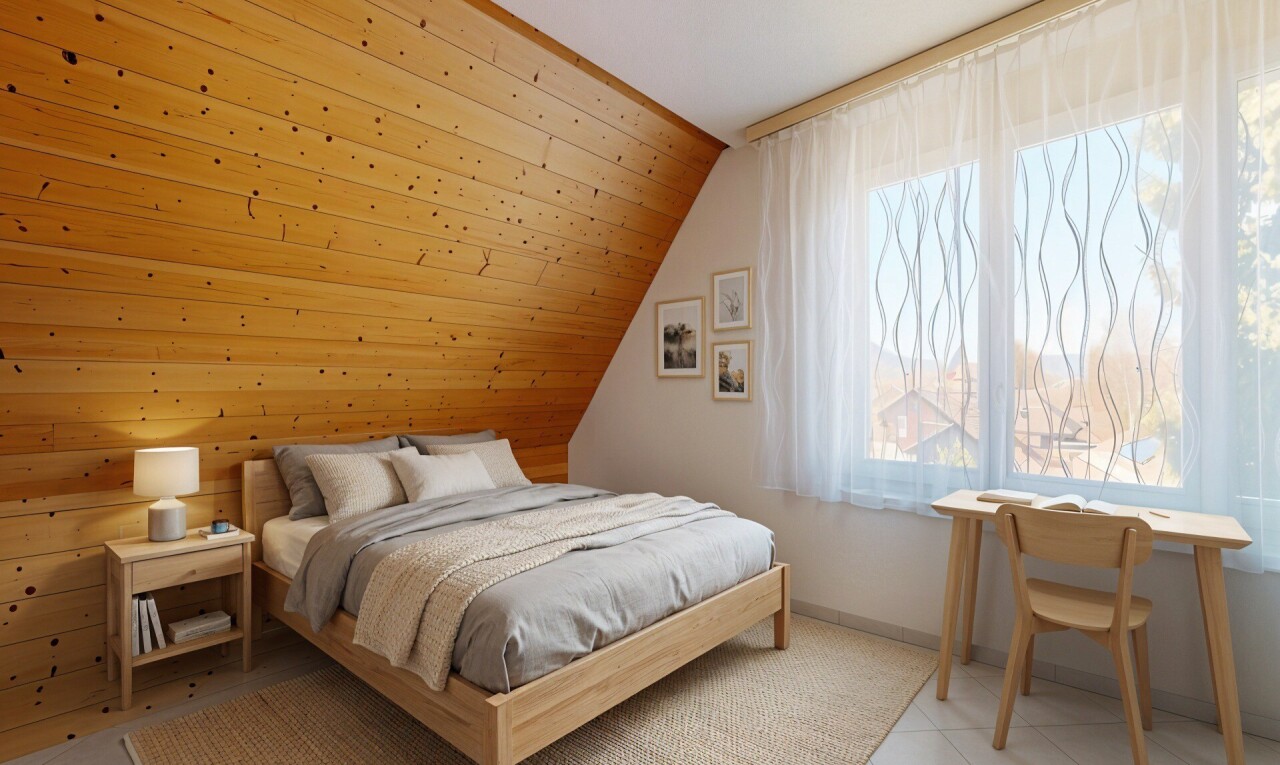 chambre avec plafond voûté, vaulted ceiling, lumière naturelle, natural light, et inside property
