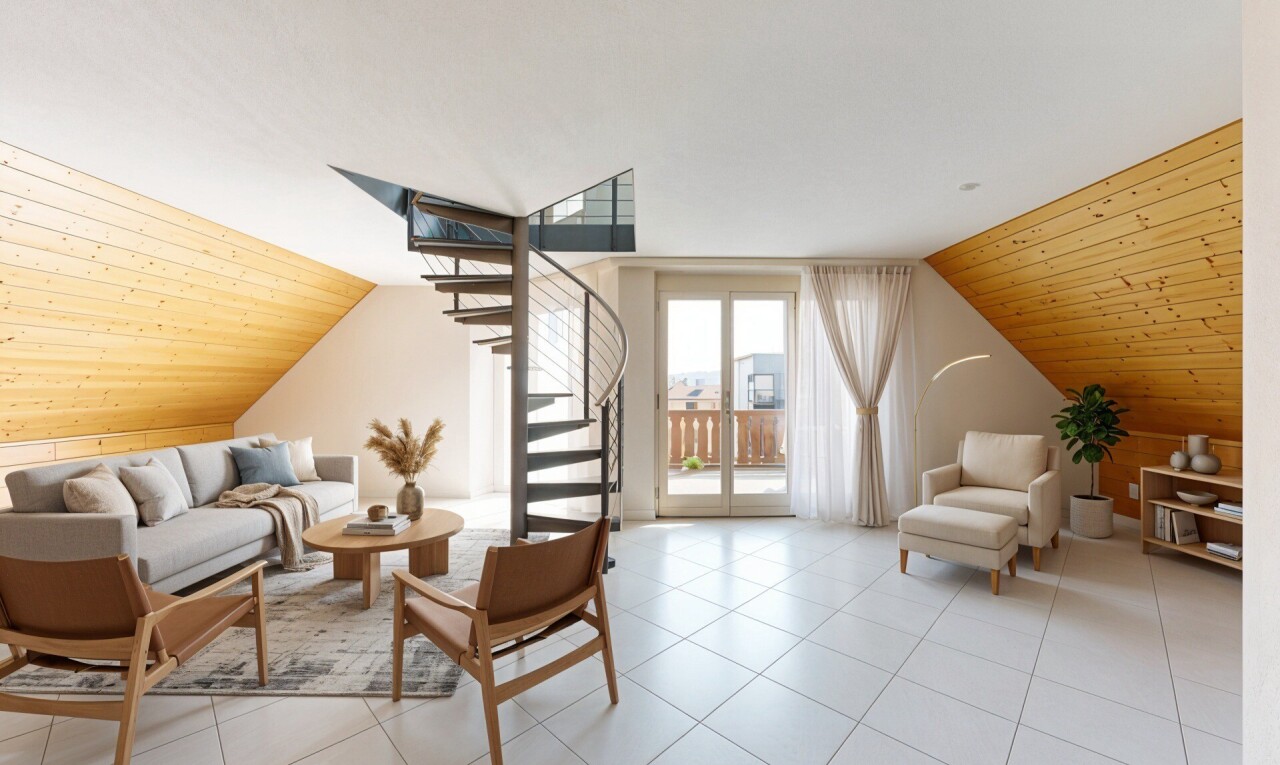 salon avec plafond en bois, wood ceiling, escaliers, plafond voûté, et vaulted ceiling