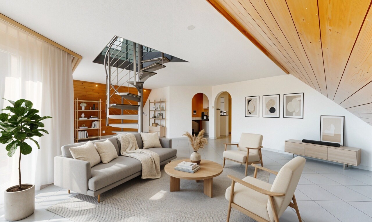 salon avec passages en arc, plafond voûté, vaulted ceiling, cloison sèche, et drywall