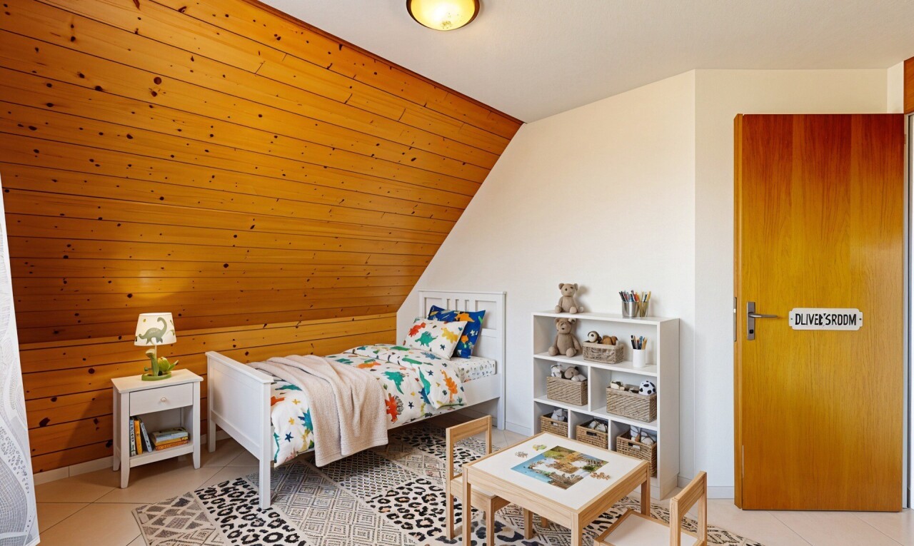 chambre avec pièce supplémentaire, sol en carrelage, tile floor, plafond voûté, et vaulted ceiling