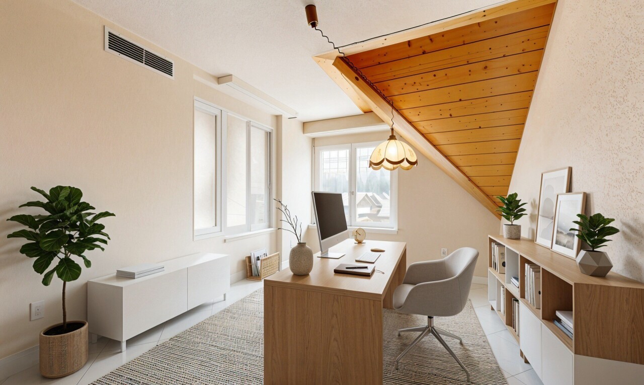 bureau avec inside property, light floor, lumière naturelle, natural light, et télévision