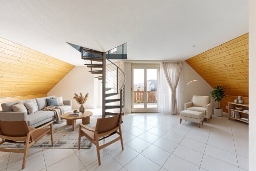 salon avec plafond en bois, wood ceiling, escaliers, plafond voûté, et vaulted ceiling