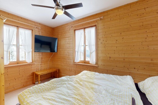 zimmer / schlafzimmer mit fernseher, inside property, deckenventilator, teppich, und carpet