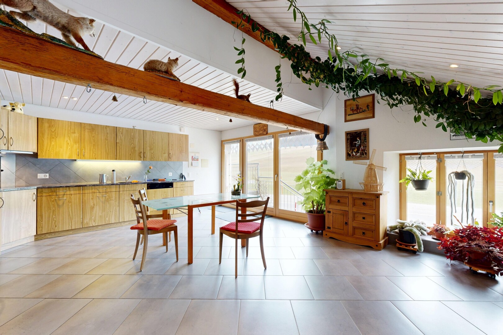 dining space with wood ceiling and recessed lighting