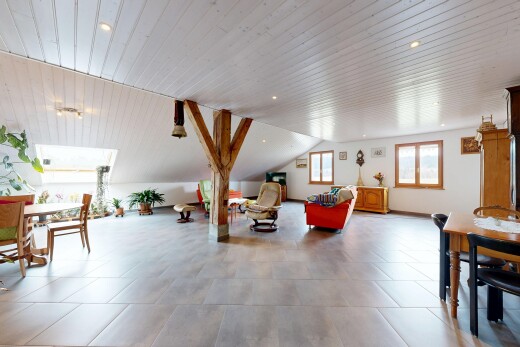 salon avec plafond bas, low ceiling, plafond voûté, vaulted ceiling, et lumière naturelle