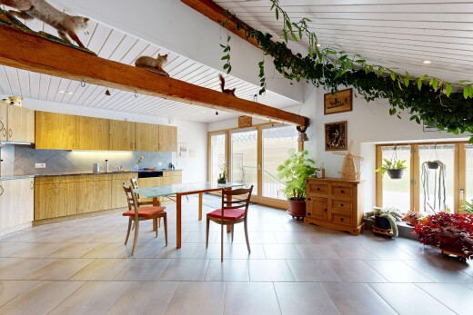 dining space with wood ceiling and recessed lighting