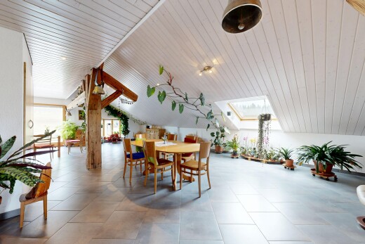 dining room featuring a vaulted wooden ceiling and a skylight