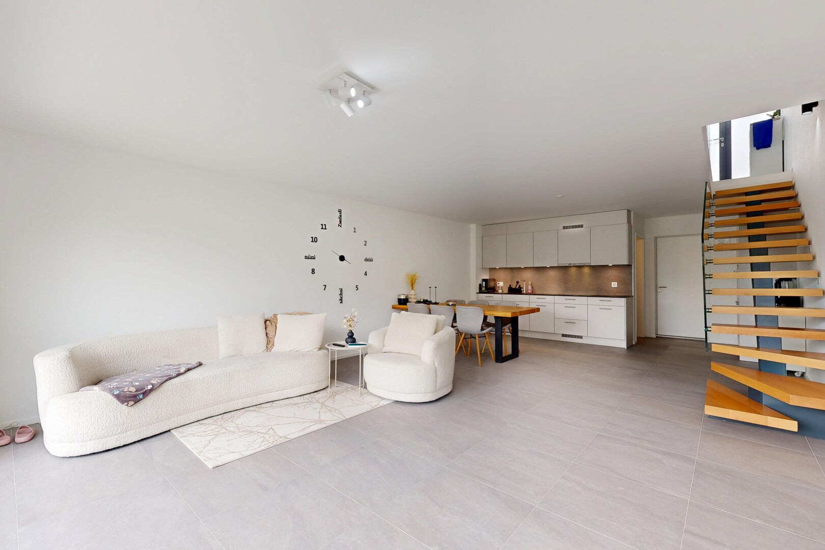 living area with stairway