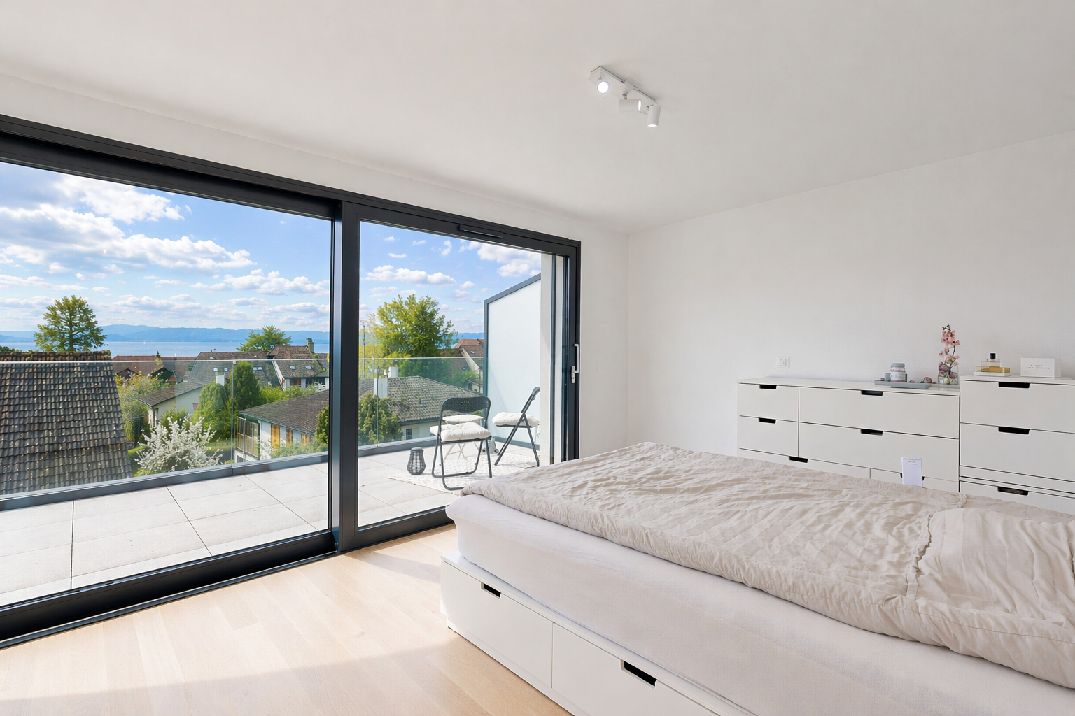 room featuring access to exterior, light wood-style floors, and rail lighting
