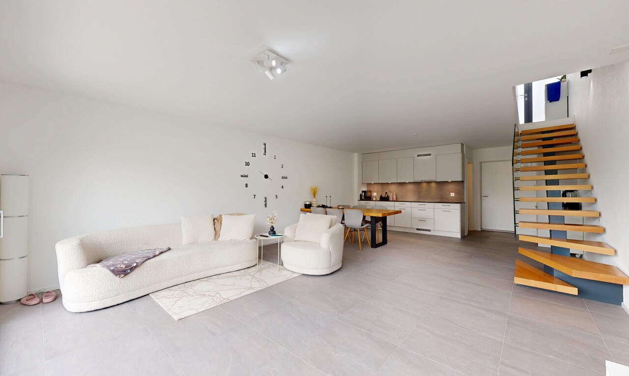 living area with stairway