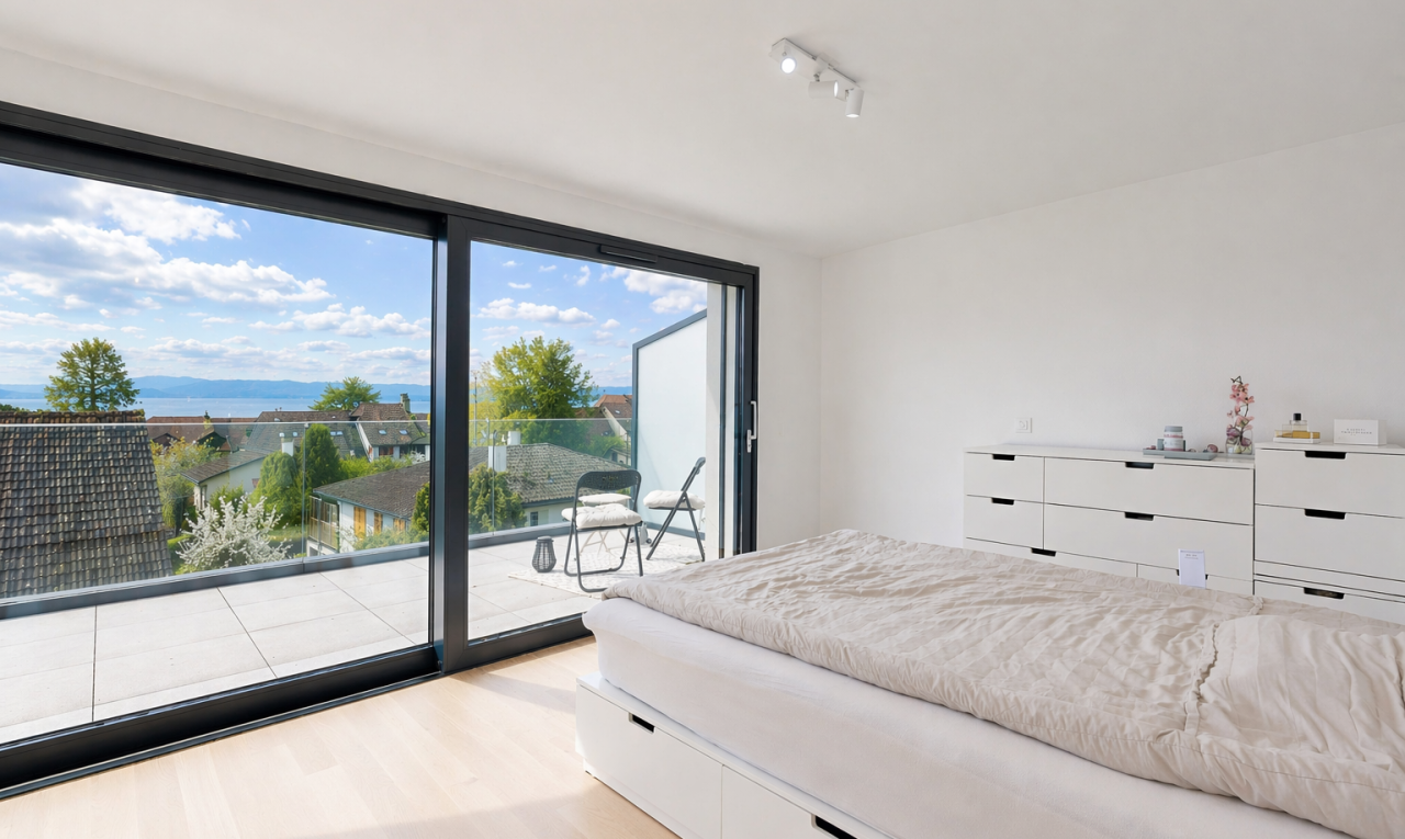 room featuring access to exterior, light wood-style floors, and rail lighting