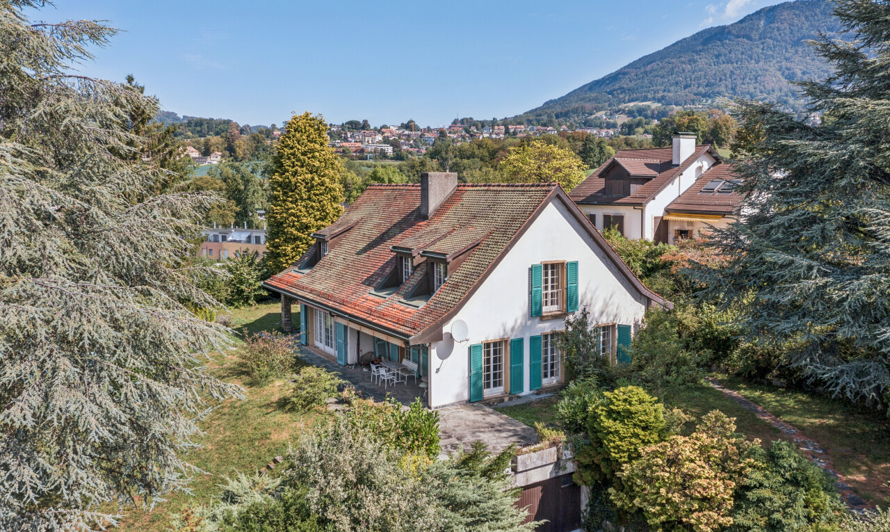 façade avec property visible, toit mansardé, cheminée, mountain view, et vue sur la montagne