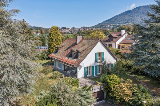 view of property featuring a chimney and a mountain view