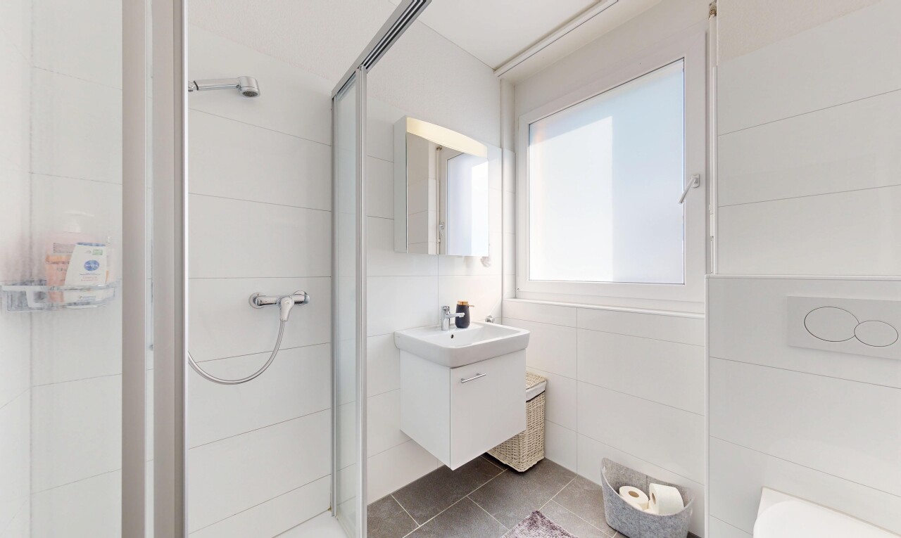 bad mit natural light, natürliches licht, komplettes badezimmer, schminktisch, und spiegel