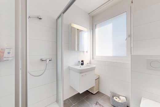 bad mit natural light, natürliches licht, komplettes badezimmer, schminktisch, und spiegel