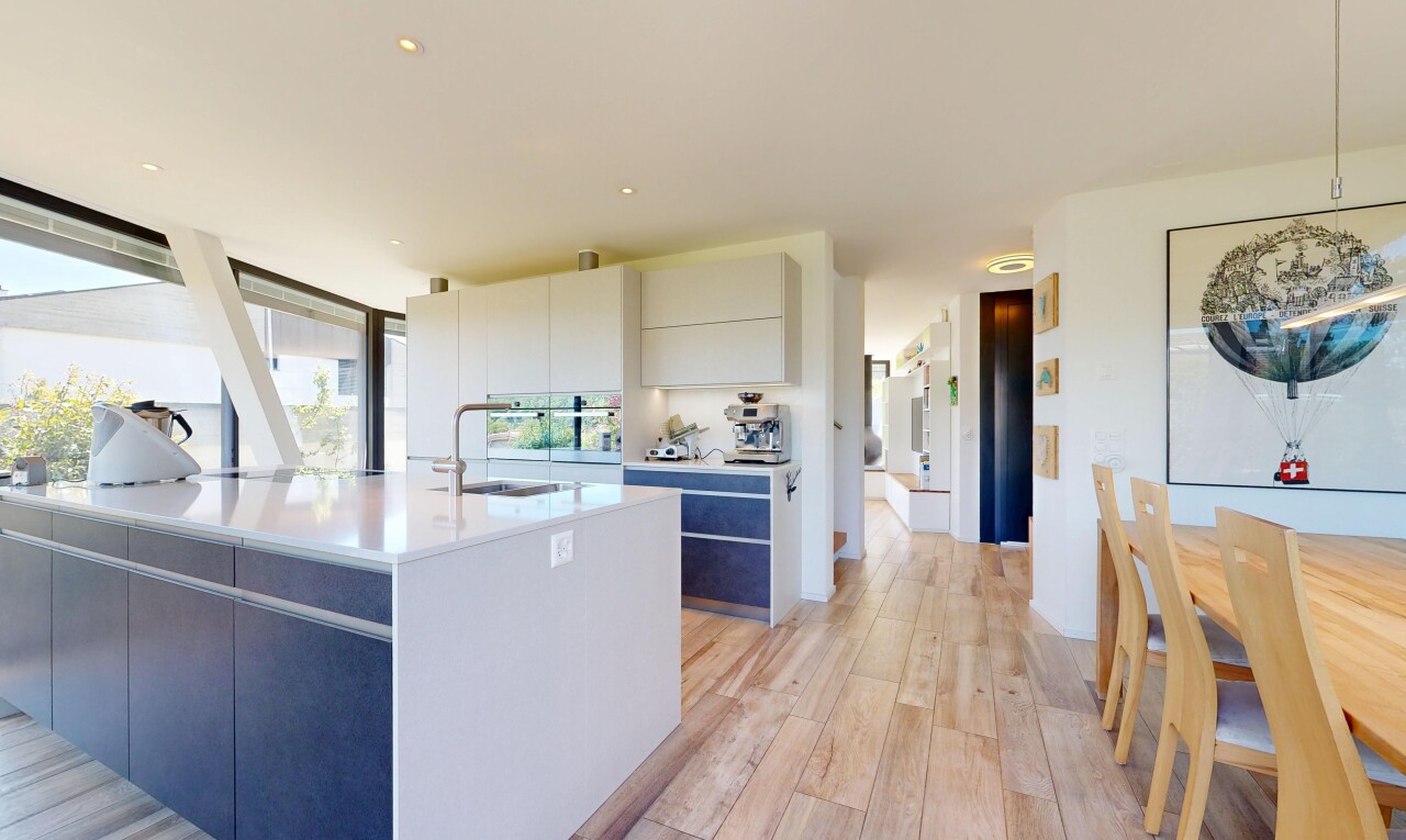 küche mit light countertops, wood finish floor, holzfußboden, flat panel cabinets, und schränke mit flachen paneelen