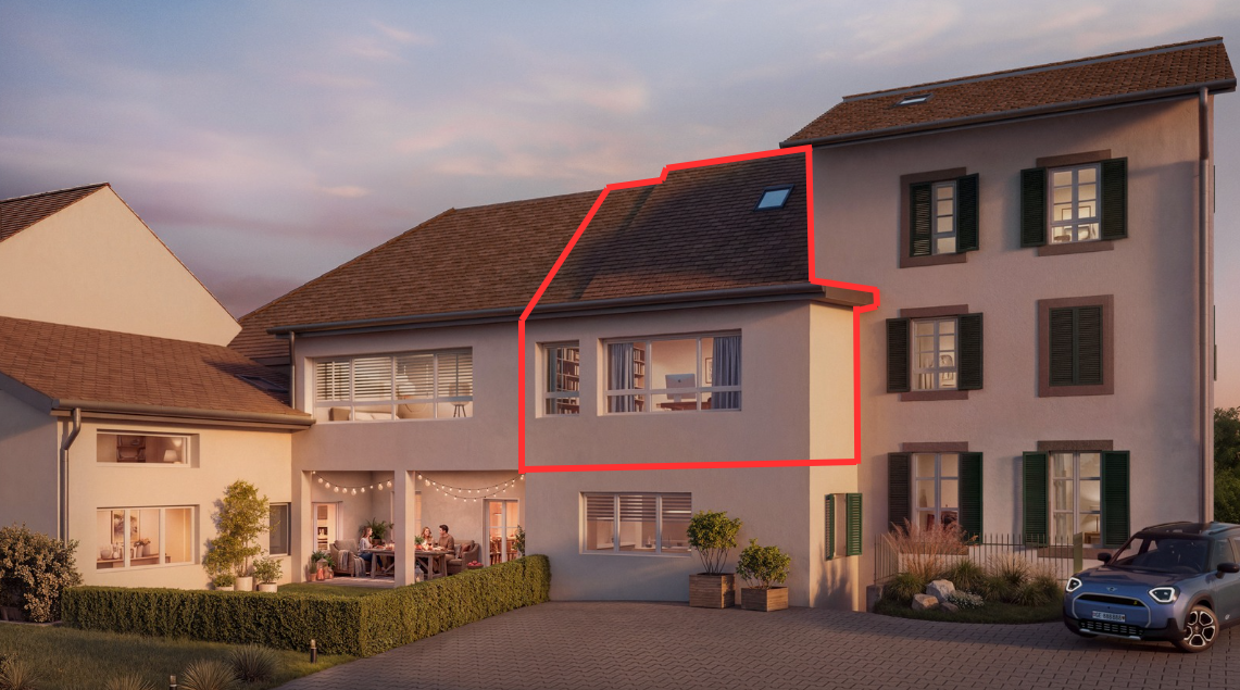 façade avec toit en bardeaux, bardage en stuc, rendered, dusk, et aire de stationnement