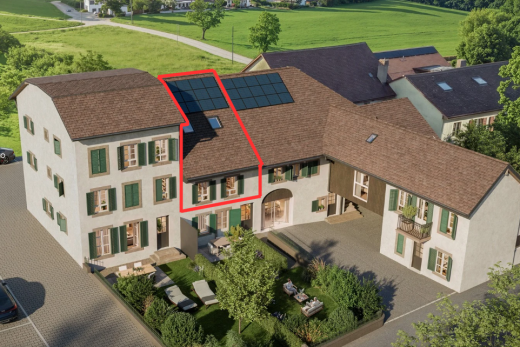view of property with roof mounted solar panels and roof with shingles