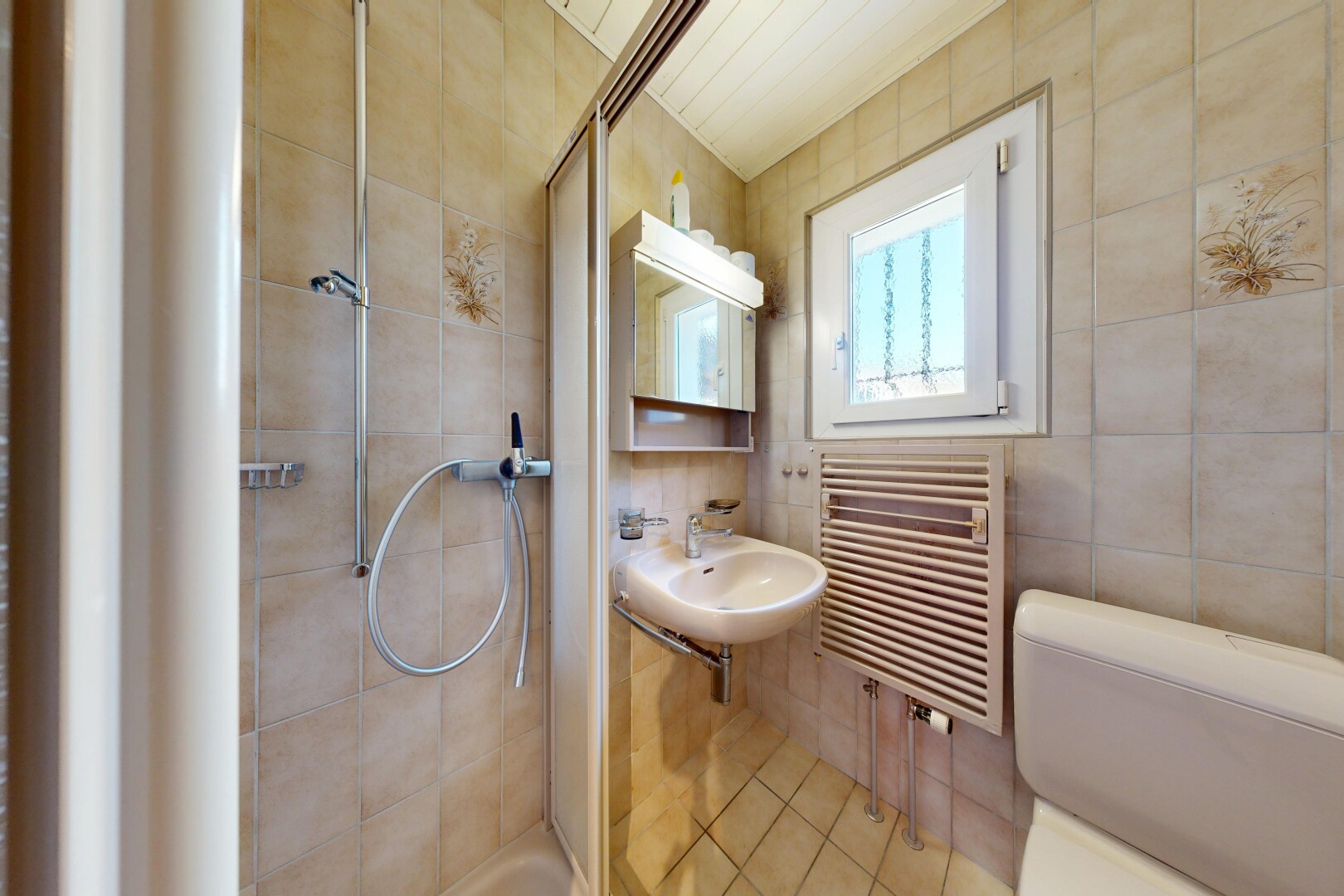 bad mit spiegel, handtuchwärmer, dusche, kühler, und fliesenwand