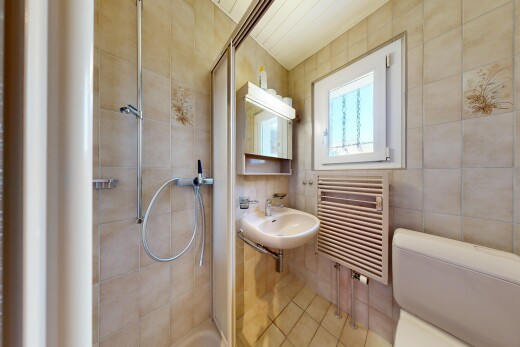 bad mit spiegel, handtuchwärmer, dusche, kühler, und fliesenwand