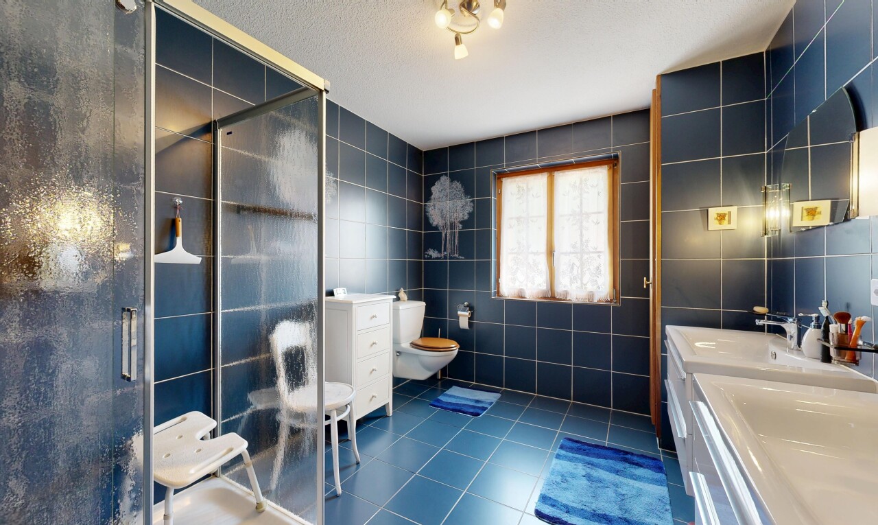 salle de bains avec dark floor, tile wall, mur en carrelage, douche, et salle de bain complète