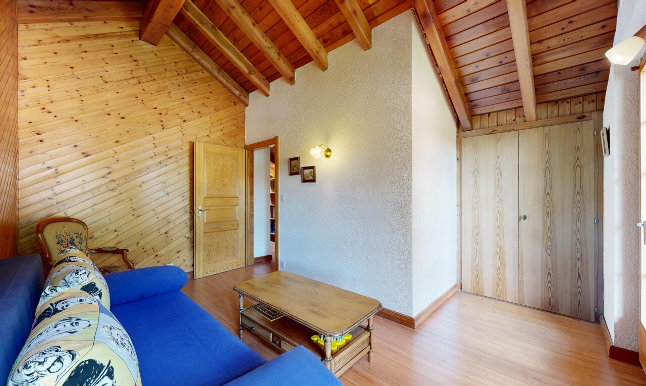 salon avec mur en bois, wood wall, plafond en bois, wood ceiling, et plafond à poutres