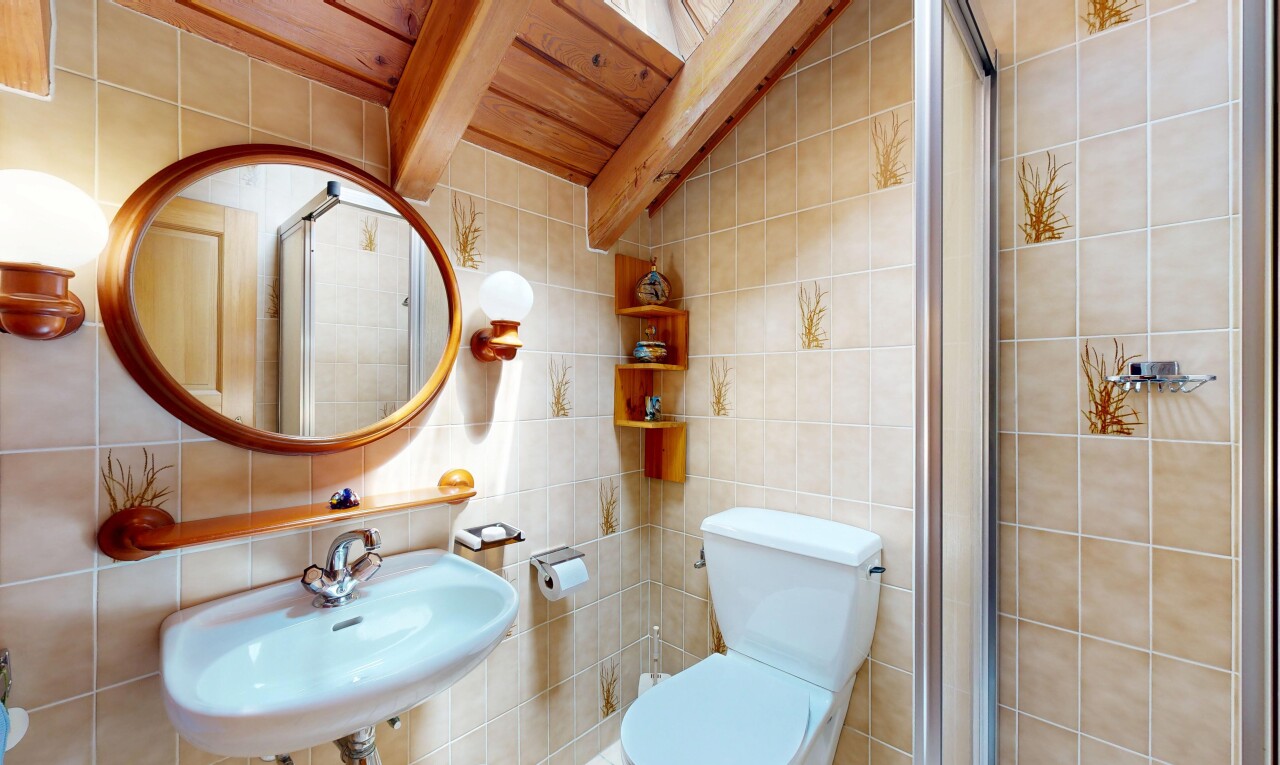 salle de bains avec douche, miroir, salle de bain complète, tile wall, et mur en carrelage