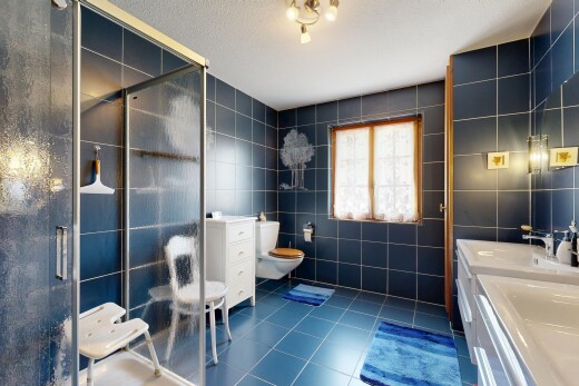 salle de bains avec dark floor, tile wall, mur en carrelage, douche, et salle de bain complète