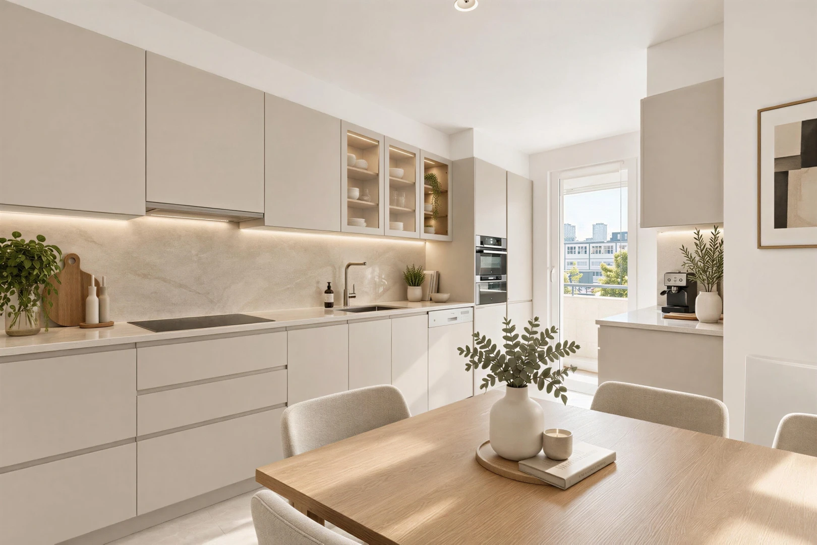 küche mit dark countertops, schränke mit glastüren, glass insert cabinets, light floor, und küchenrückwand beim Herd