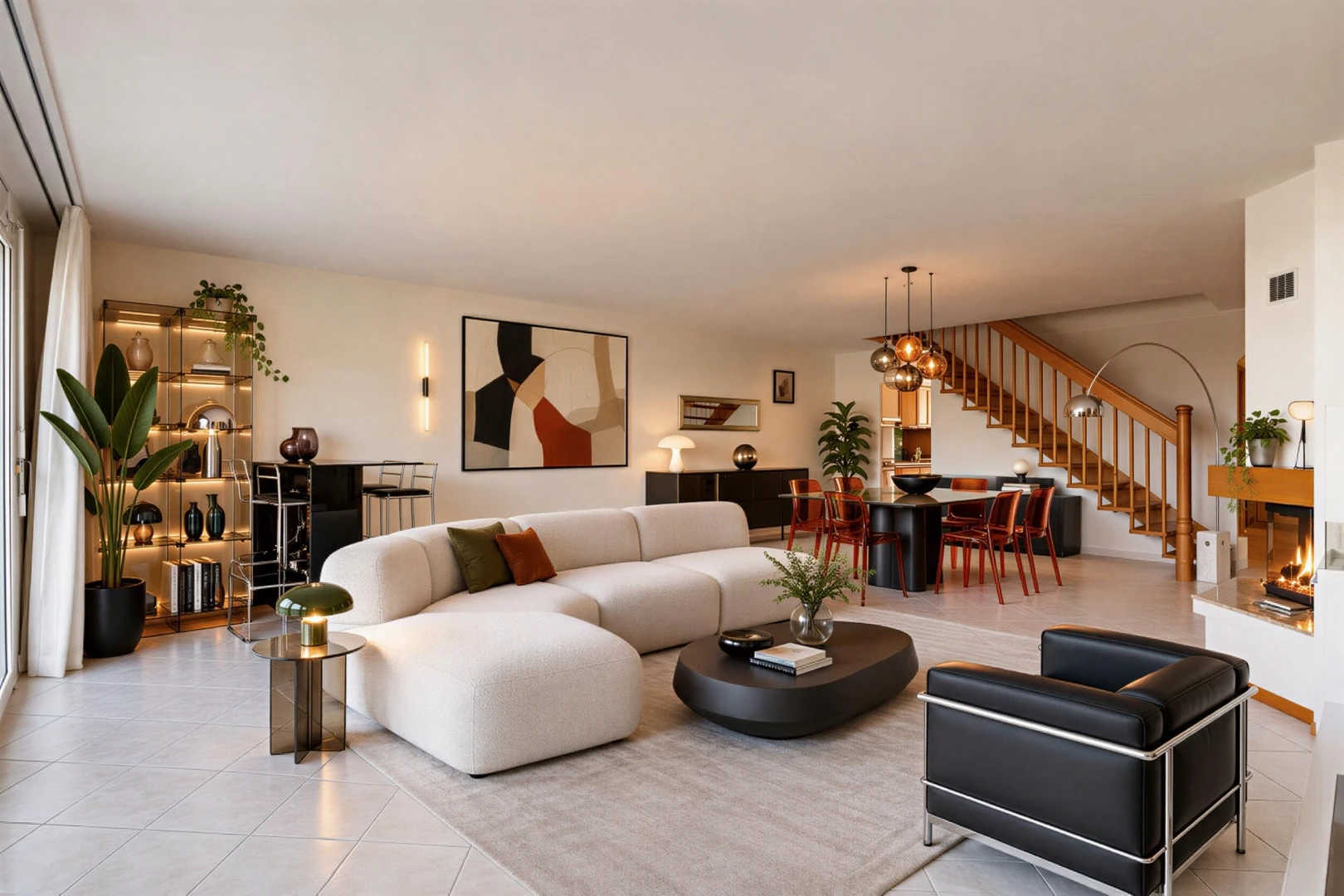 wohn- / esszimmer mit inside property, gipskartonwand, drywall, treppen, und fliesenboden