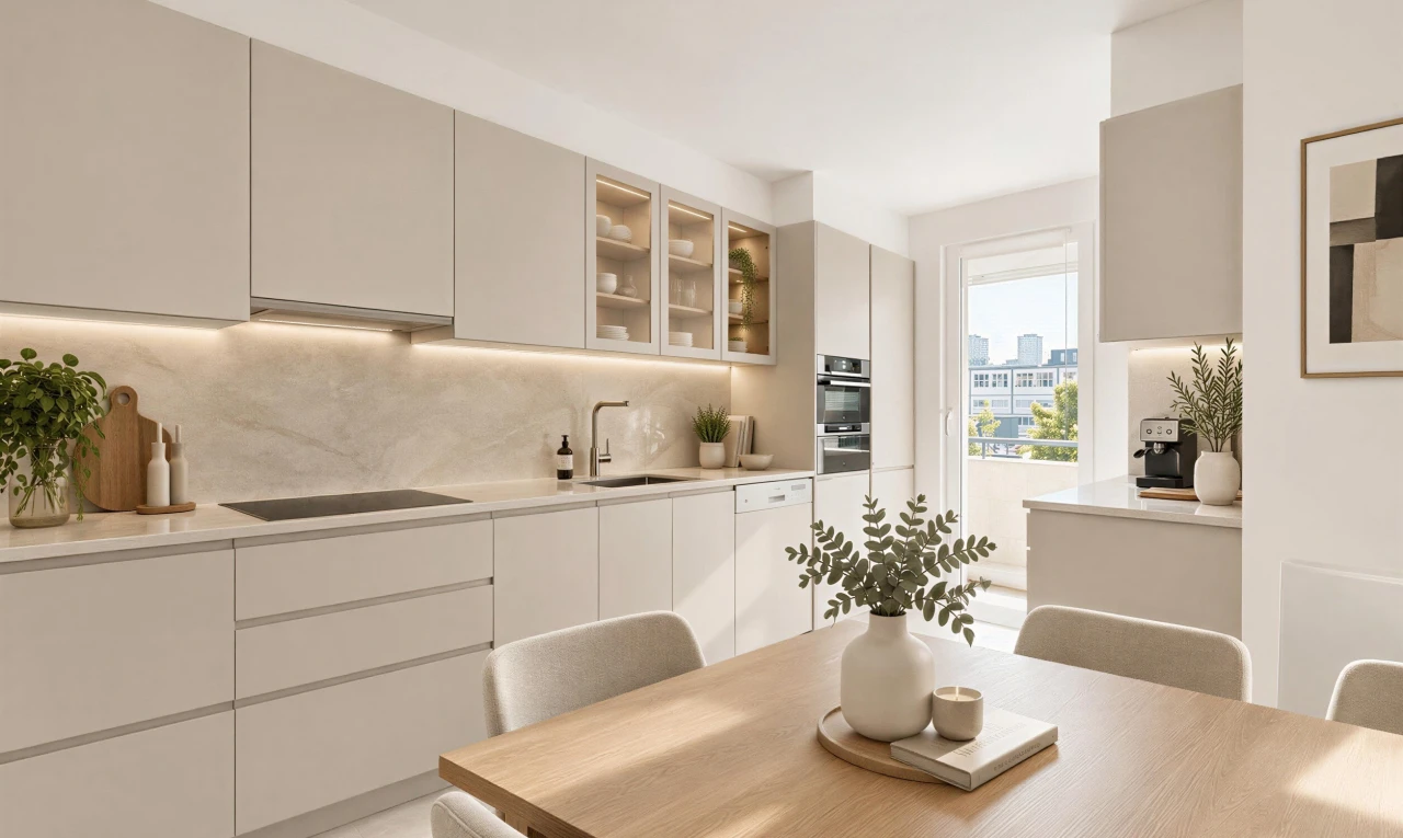 küche mit dark countertops, schränke mit glastüren, glass insert cabinets, light floor, und küchenrückwand beim Herd