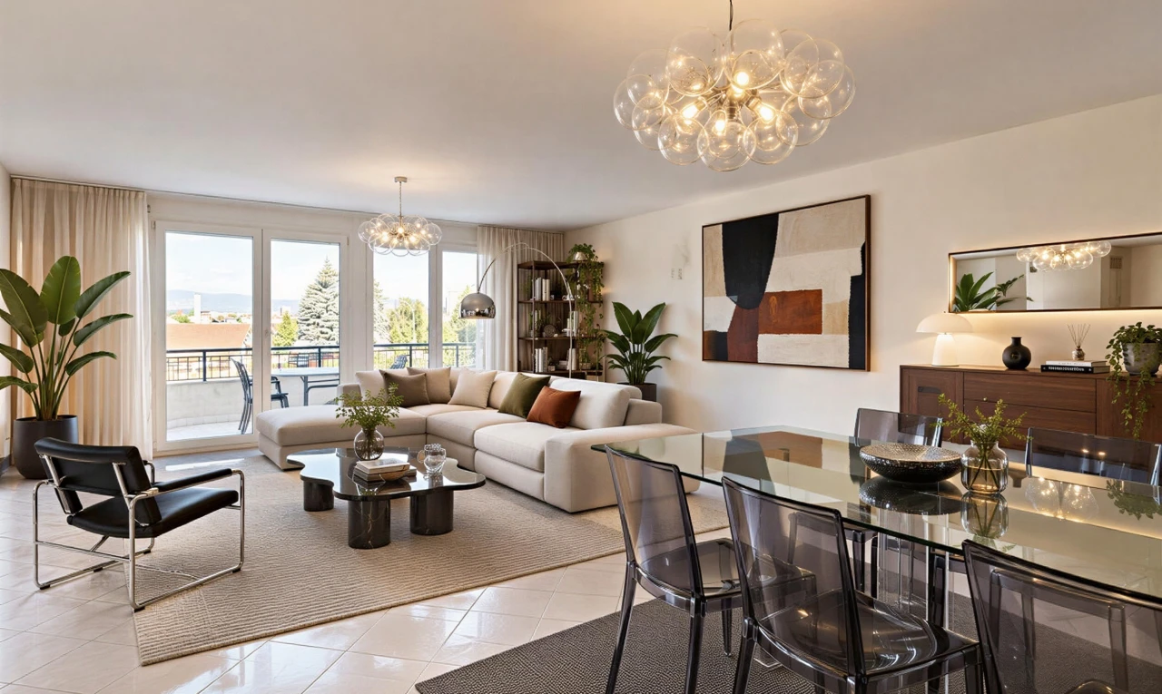 wohn- / esszimmer mit bemerkenswerter kronleuchter, inside property, drywall, gipskartonwand, und tile floor
