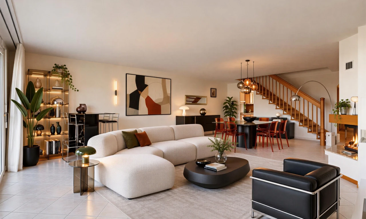 wohn- / esszimmer mit inside property, gipskartonwand, drywall, treppen, und fliesenboden