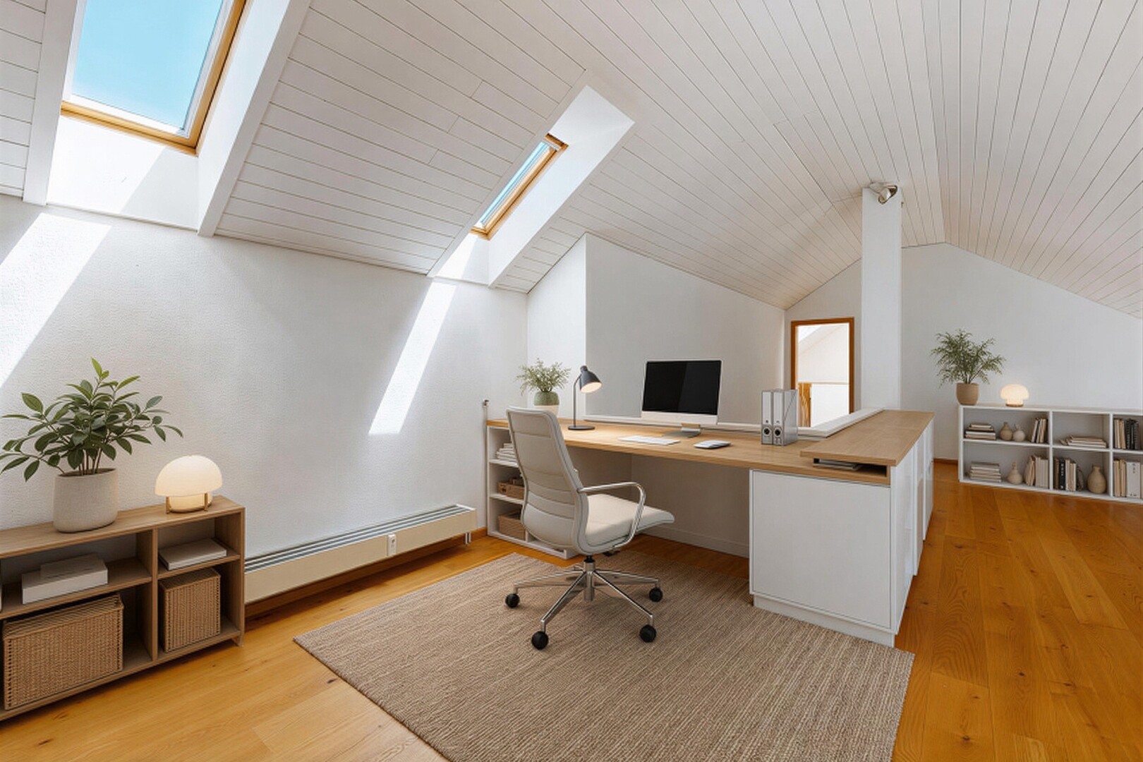 pièce vide avec puits de lumière, sol en finition bois, wood finish floor, inside property, et plafond voûté
