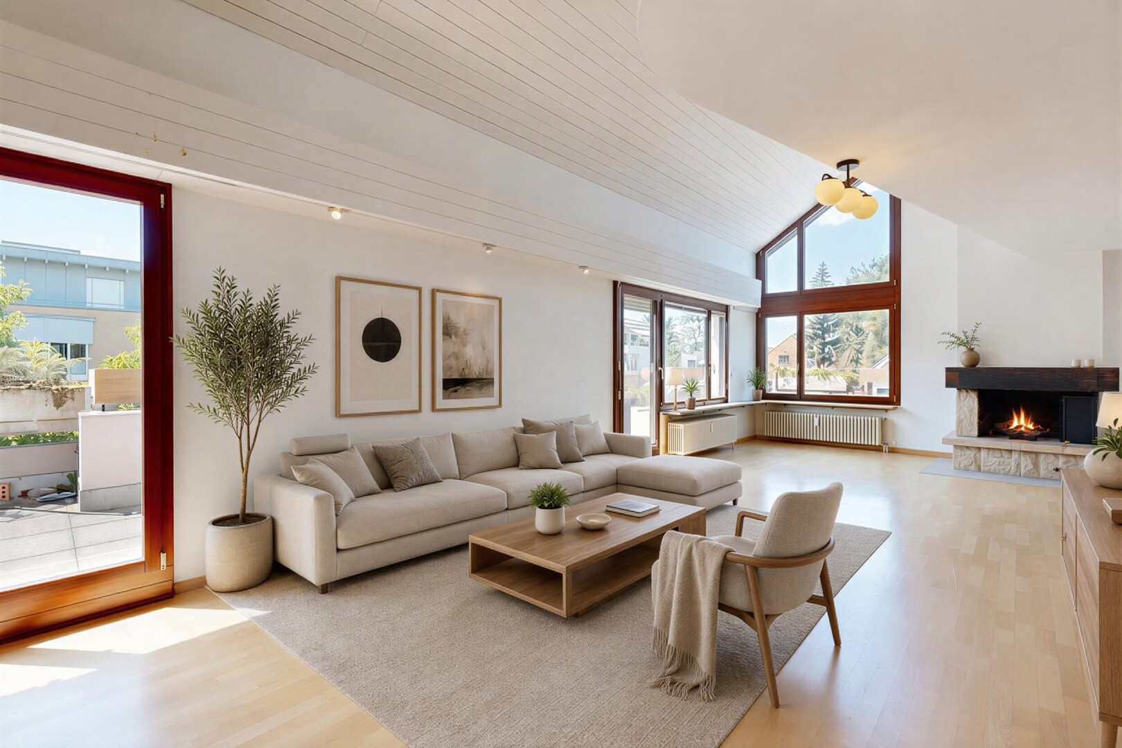 salon avec day time, inside property, sol en finition bois, wood finish floor, et cheminée