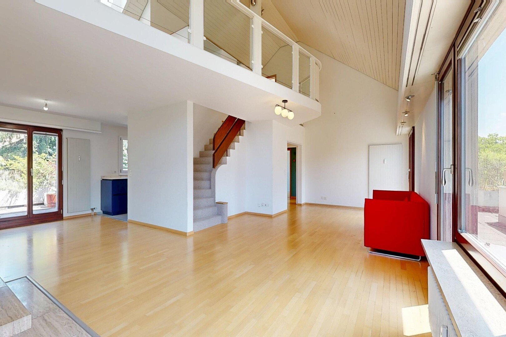 pièce vide avec lumière naturelle, natural light, sol en finition bois, wood finish floor, et plafond haut