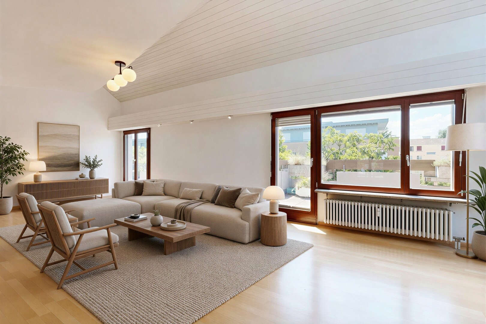 pièce vide avec sol en finition bois, wood finish floor, radiateur, lumière naturelle, et natural light